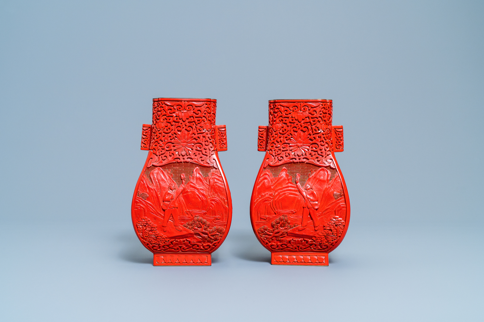 A pair of Chinese cinnabar lacquer 'Cultural Revolution' vases, 20th C. - Image 4 of 7