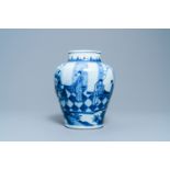 A Chinese blue and white vase with figures in an interior, Kangxi