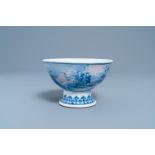 A Chinese blue, white and copper red stem bowl with immortals, Republic