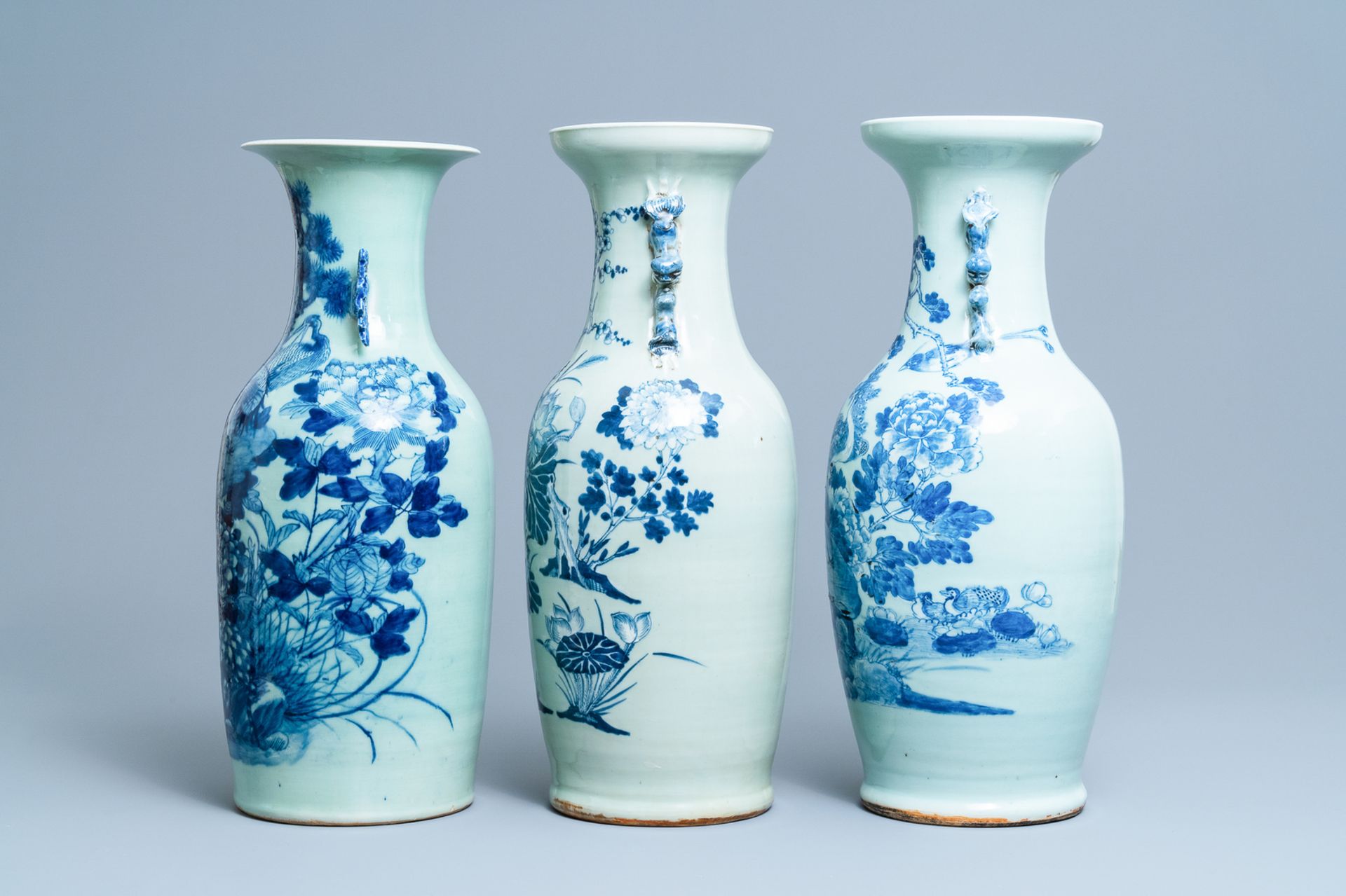 Three Chinese blue and white celadon-ground vases, 19th C. - Image 4 of 6