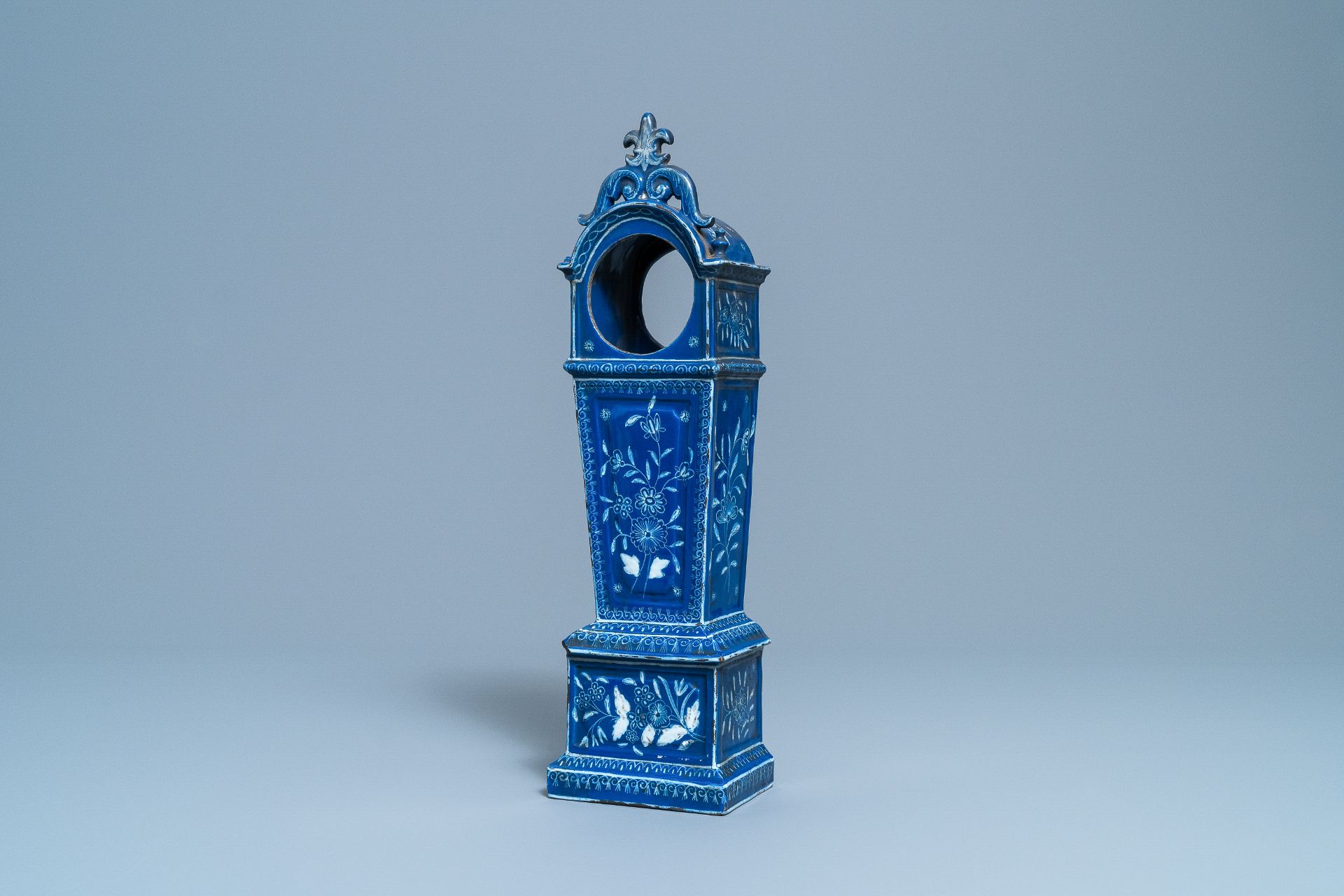 A tall pocket watch holder in blue-ground Saint-Omer faience, France, 18th C.