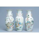 Three Chinese famille rose vases with boys near fish bowls, 19/20th C.