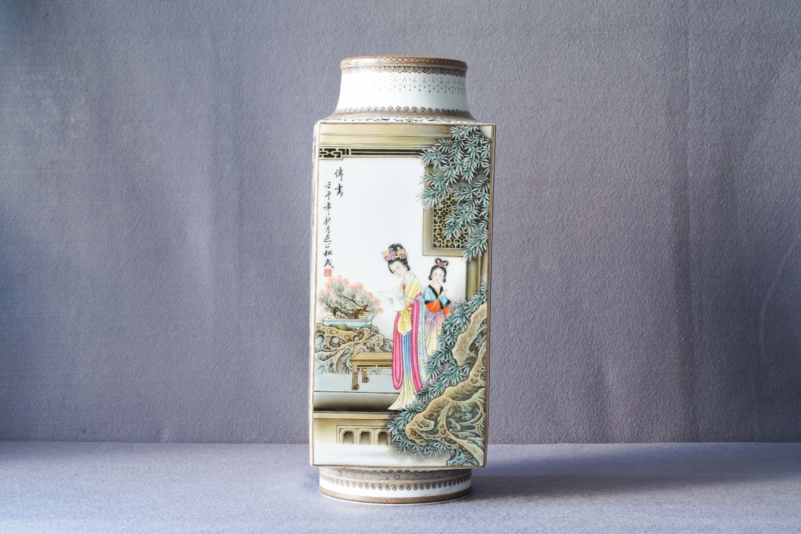 A Chinese famille rose cong vase, signed Zhang Songmao, dated 2002 - Image 21 of 23