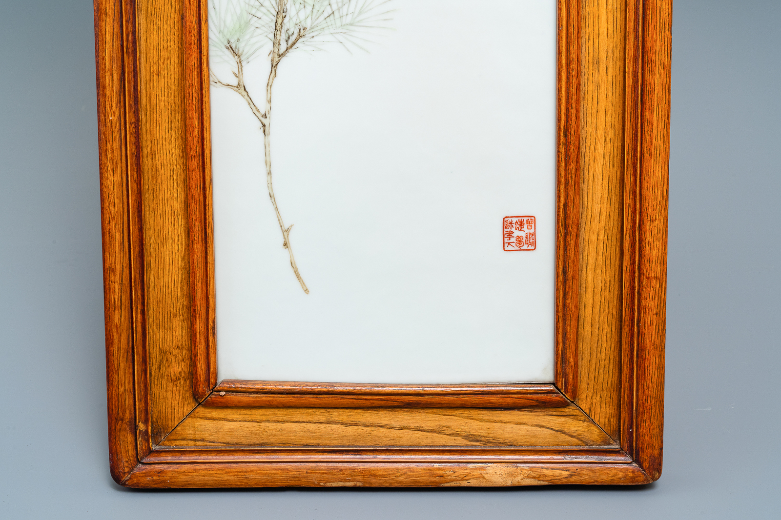 A large Chinese rectangular plaque with a bird on a blossoming branch, seal mark, Republic - Image 3 of 4