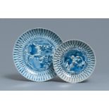 Two Chinese blue and white kraak porcelain dishes with deer and a grasshopper, Wanli