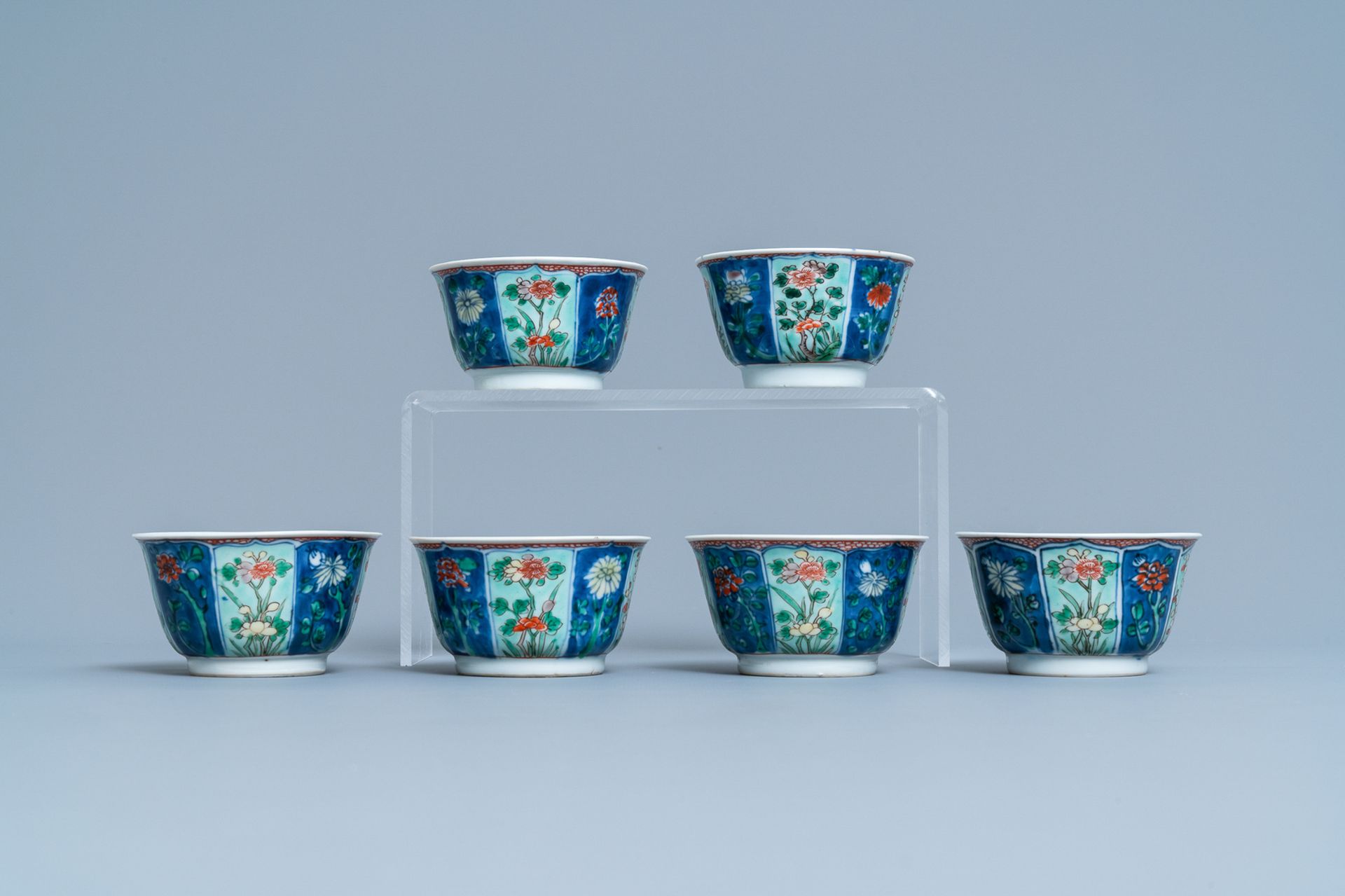 Six Chinese famille verte cups and saucers, Kangxi - Image 7 of 9