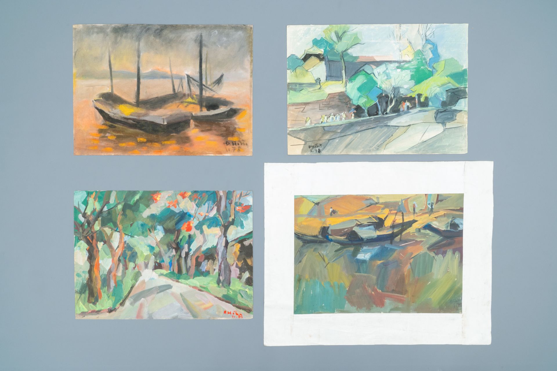 Doan Hong (Vietnam, 1960), oil and gouache on paper, dated 1978: 'Four views'