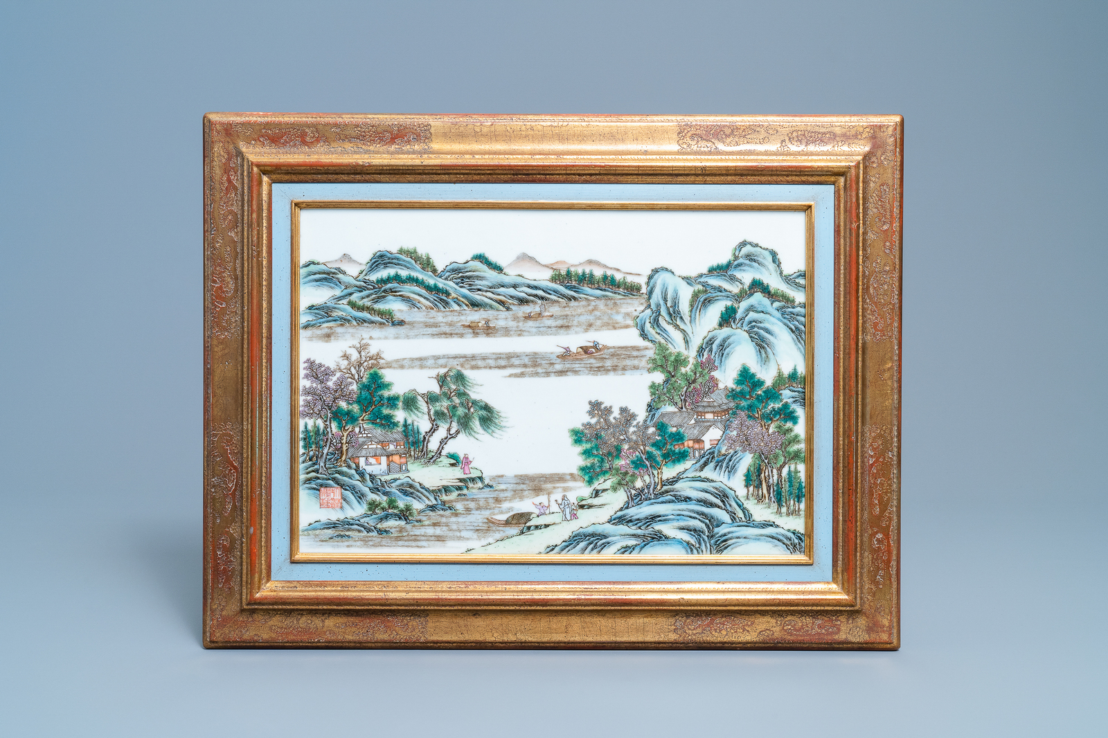 A Chinese rectangular famille rose 'landscape' plaque, Qianlong mark, 19/20th C.