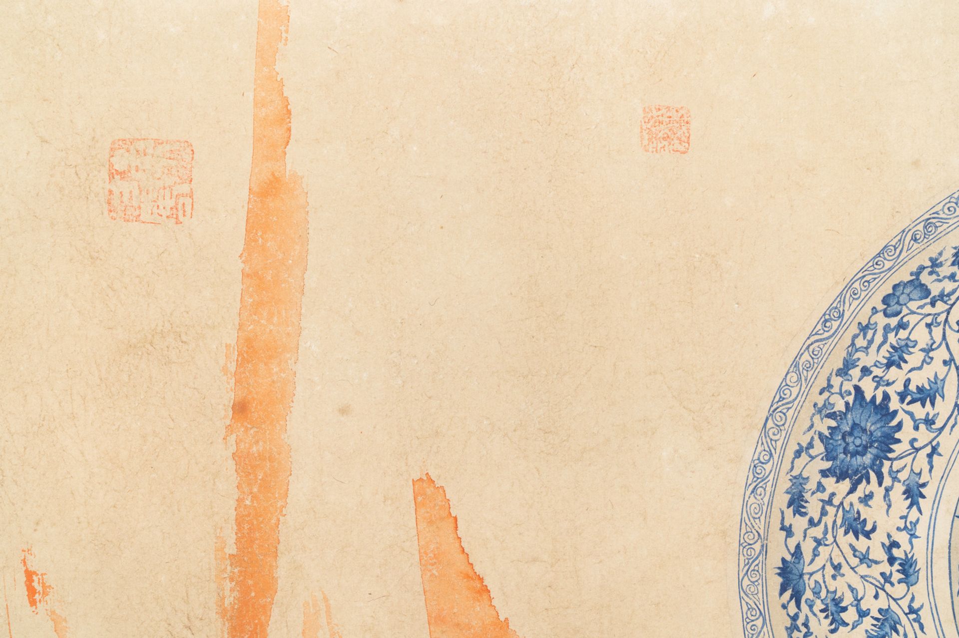 Chinese school, colour on paper, 19th C.: 'A blue and white porcelain Yuan period dish' - Image 5 of 18