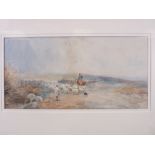 D COX (bears signature) watercolour - farmers droving sheep on horseback and with dog, 18 x 36cms