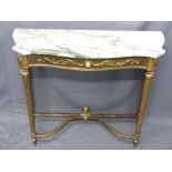 EMPIRE STYLE CONSOLE TABLE with shaped pink marble top, gilt metal mounts and X frame stretcher,