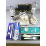 EPNS & OTHER PLATEDWARE including cased servers, embossed bread basket and sugar pot with swing