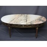 EMPIRE STYLE PINK MARBLE TOP COFFEE TABLE with gilt metal mounts, 49cms H, 121cms L, 63cms W