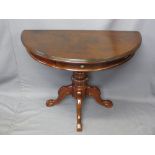 REPRODUCTION MAHOGANY SINGLE DRAWER HALL TABLE, demi-lune top on a carved column tripod base,