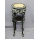 CHINESE CARVED HARDWOOD STAND with inset marble top and under-tier shelf, 84cms H, 35cms W