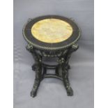 CHINESE CARVED HARDWOOD STAND with inset marble top, 45cms H, 35cms diameter top