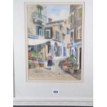 CONTINENTAL SCHOOL watercolour and ink - street scene with flower seller and lady with basket, 24