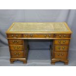 REPRODUCTION MAHOGANY TWIN-PEDESTAL DESK with gilt tooled insert leather top and swan neck handles