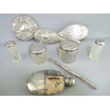 SILVER TOPPED DRESSING TABLE BOTTLES, hallmarked 'Hip Flask' (AF) and a white metal dressing table