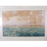 J AITKEN watercolour - seascape with sailing boats and mountains to the background, signed and dated