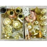 BRASS CANDLE STICKS, Bellows, copper kettle ETC, a large parcel