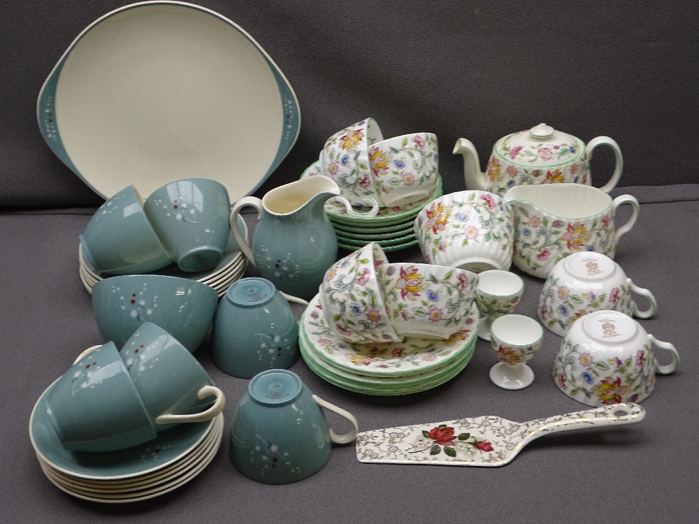 MINTON HADDON HALL SIX PLACE TEASET comprising six cups, saucers and side plates, milk jug, sugar