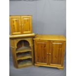 ANTIQUE PINE OPEN CORNER CUPBOARD with shaped shelves, modern pine two door cupboard and a pine
