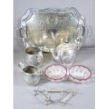 EPNS - three piece tea service, condiment servers, tray ETC