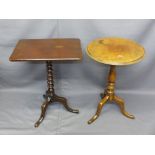 TWO VICTORIAN TILT-TOP TRIPOD TABLES, 46.5cms diameter top example, the other rectangular, 52.5 x