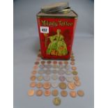 MILADY TOFFEE VINTAGE TIN containing a bag of mainly current coinage