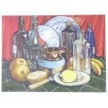 MOSS WILLIAMS watercolour - richly coloured still life study of bottles, two plates, a jug and fruit