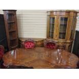 ITALIAN INLAID DINING ROOM SUITE consisting of table and six chairs, glaze top display and