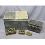 FIVE VINTAGE DOCUMENT/CASH BOXES, 41.5cms H, 68.5cms W, 46cms D the largest