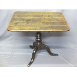 CIRCA 1840 TILT-TOP TRIPOD TABLE, rectangular top on a turned column base with three legs, 74cms