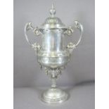 EPNS TROPHY - twin-handled with lid, 38cms H