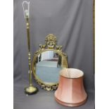 GILT METAL MARBLE BASED STANDARD LAMP & SHADE and Rococo style gilt framed wall mirror, 107cms H,