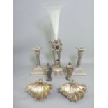 SINGLE FLUTE EPERGNE STAND, other EPNS and metalware to include a pair of white metal shell shaped