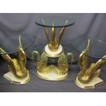 GILT SWAN BASED GLASS TOP TABLE ENSEMBLE to include two large swan examples, 75cms H