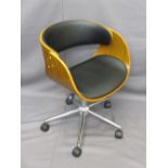 ULTRA STYLISH MODERN SWIVEL OFFICE CHAIR, teak bentwood and black leather effect seat and back on