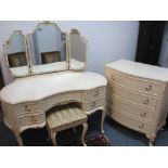 FRENCH STYLE PAINTED PART BEDROOM SUITE of triple mirror kidney shaped dressing table and stool