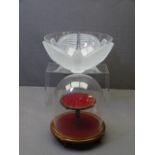 OPAQUE GLASS BOWL adorned with birds and a two-tier glass dome stand