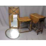 NEAT BARLEY TWIST OAK GATE-LEG TABLE, one other table and two oak framed vintage mirrors, various
