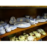 WEDGWOOD BLUE JASPERWARE, 29 pieces including miniature cabinet teaware, candlesticks, jugs, pin