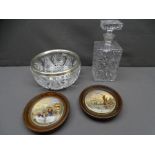 FRAMED POT LIDS - ORIENTAL SCENES, a square glass decanter with stopper and a silver rimmed glass
