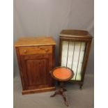 MODERN PINE SIDE CABINET, vintage china display cabinet and a reproduction mahogany wine table,