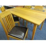 MODERN OAK EFFECT DINING TABLE & FOUR CHAIRS, 76cms H, 150cms L, 90cms W
