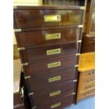 GIBBARD CRAFTSMAN REPRODUCTION SOLID MAHOGANY CAMPAIGN STYLE CHEST of seven drawers with brass