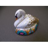ROYAL CROWN DERBY PAPERWEIGHT of a swan with gold stopper