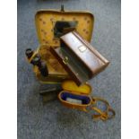 VINTAGE ITEMS - cased binoculars, flat iron and vanity case