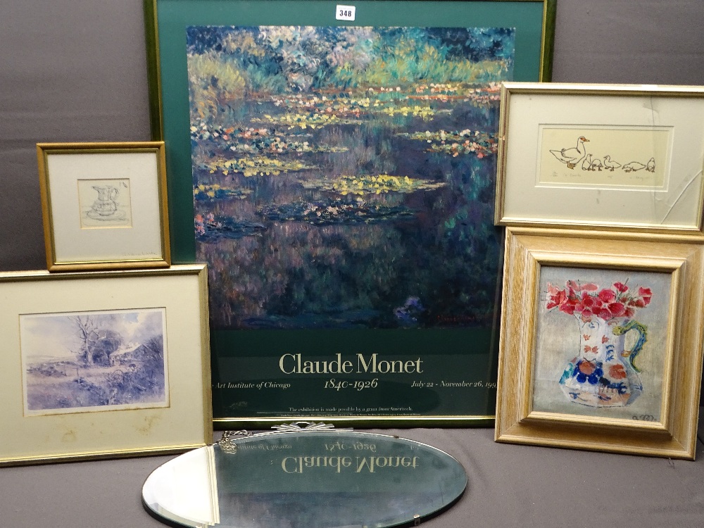 CLAUDE MONET large framed exhibition print, a framed sketch of geese, a sketch of a jug and a